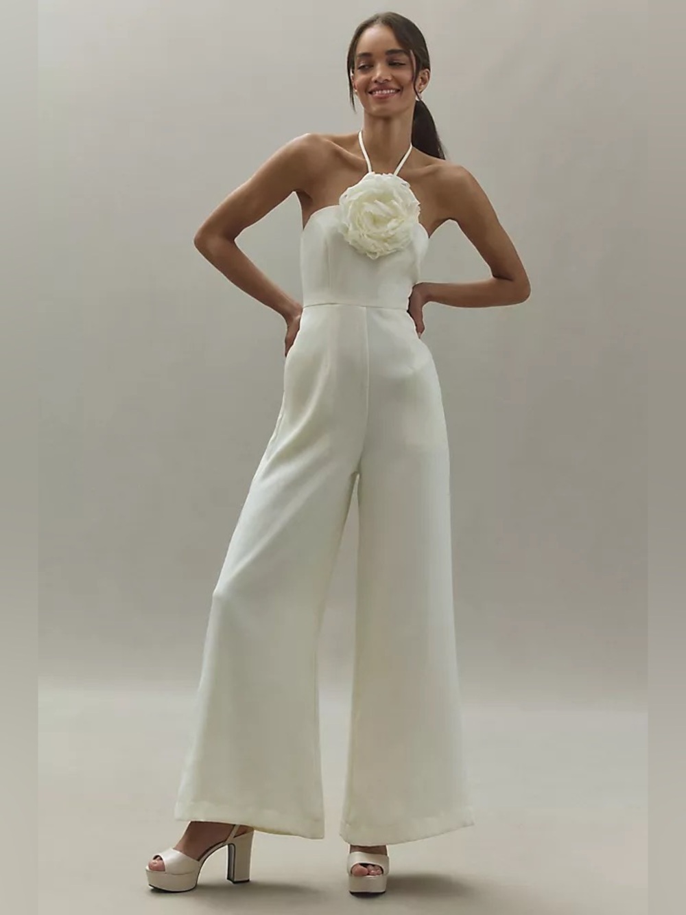 Mac Duggal Floral Appliqué Crepe Halter Jumpsuit